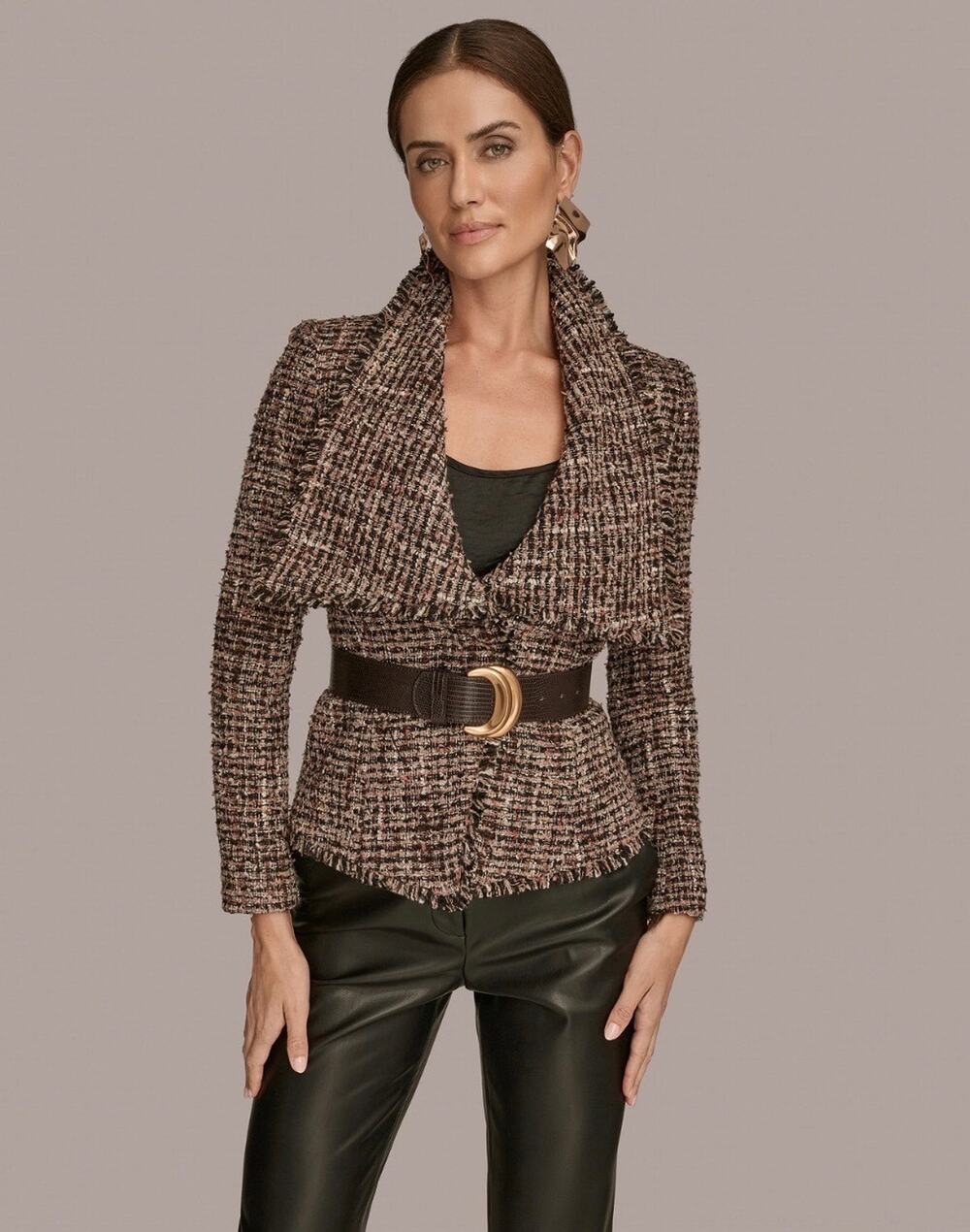 Donna Karen New York Women's Wide Lapel Collar Belted Lined Tweed Blazer Size 14